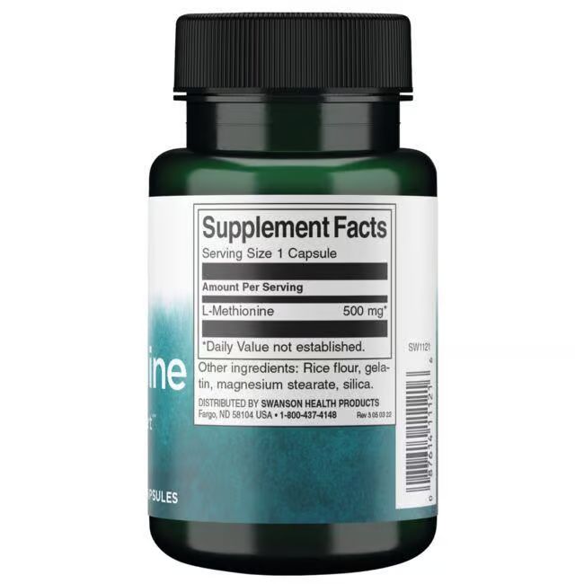 Achterkant van de groene fles. Etiket met voedingswaarde: L-Methionine 500 mg. Andere ingrediënten.