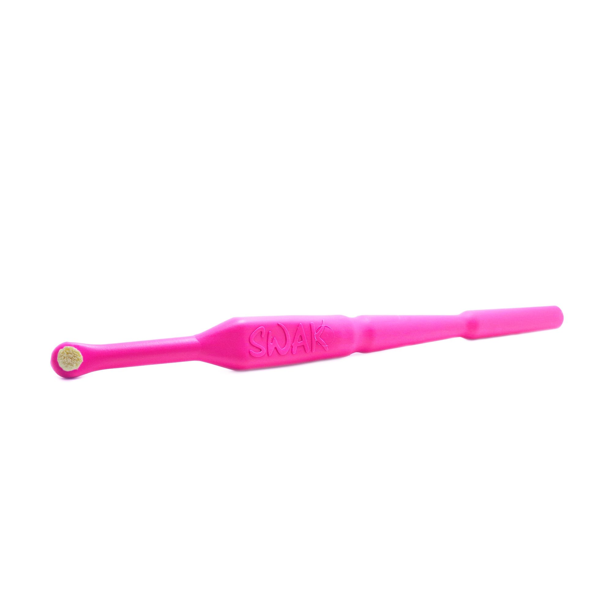 Brosse à dents rose avec tête de brosse claire. Le manche porte l'inscription SWAK.