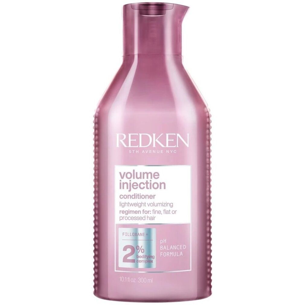 Flacon rose Redken Volume Injection Conditioner. Étiquette avec texte. Formule pH équilibrée. 300ml.