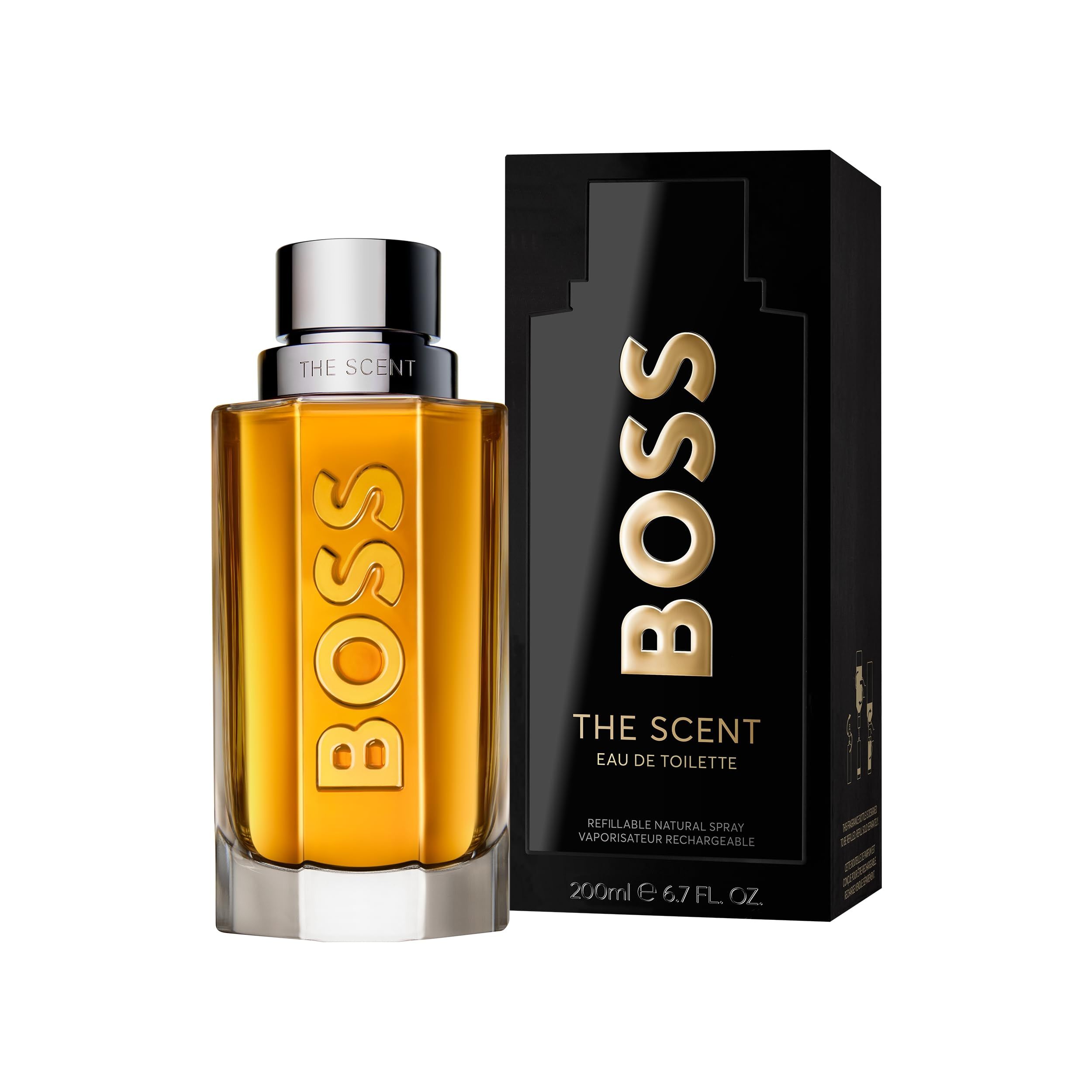 Hugo Boss The Scent Eau de Toilette fles en zwarte verpakking met gouden tekst.