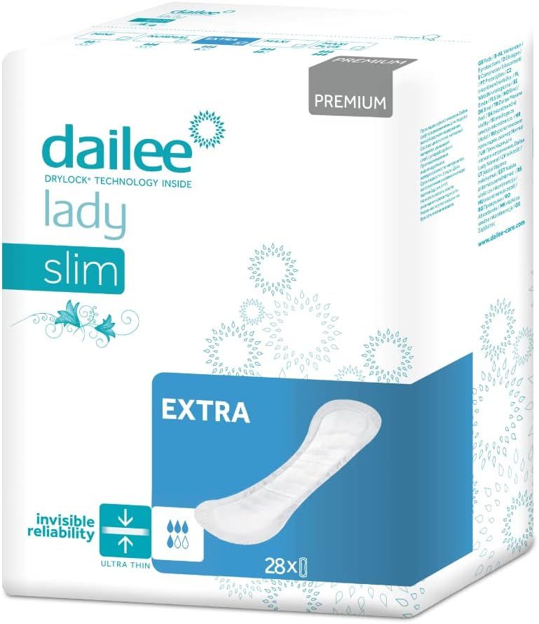 Paquet de protections Dailee Lady Slim Extra. Emballage blanc avec image du produit et texte. Contient 28 unités.