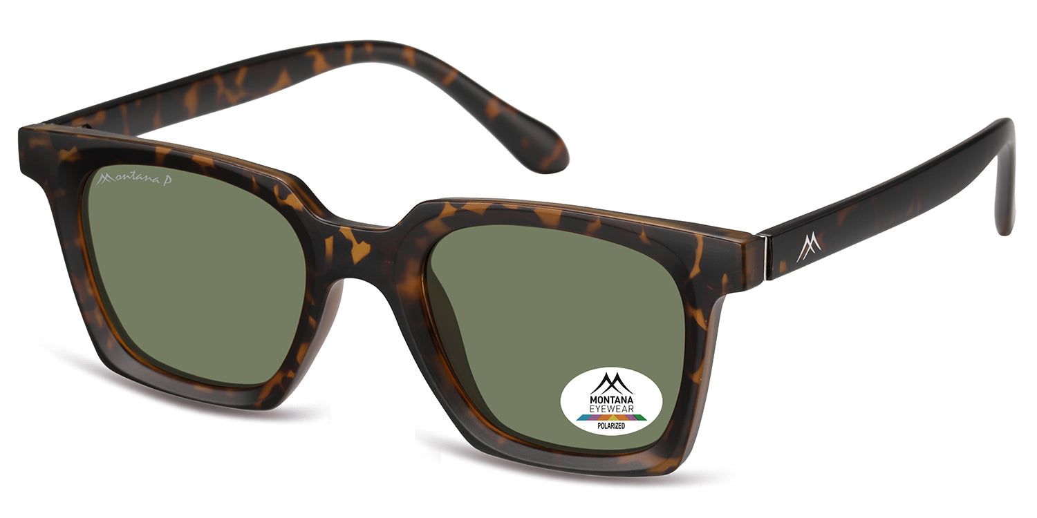 Lunettes de soleil à monture marron et verres verts. Le logo Montana Eyewear est visible sur la branche.