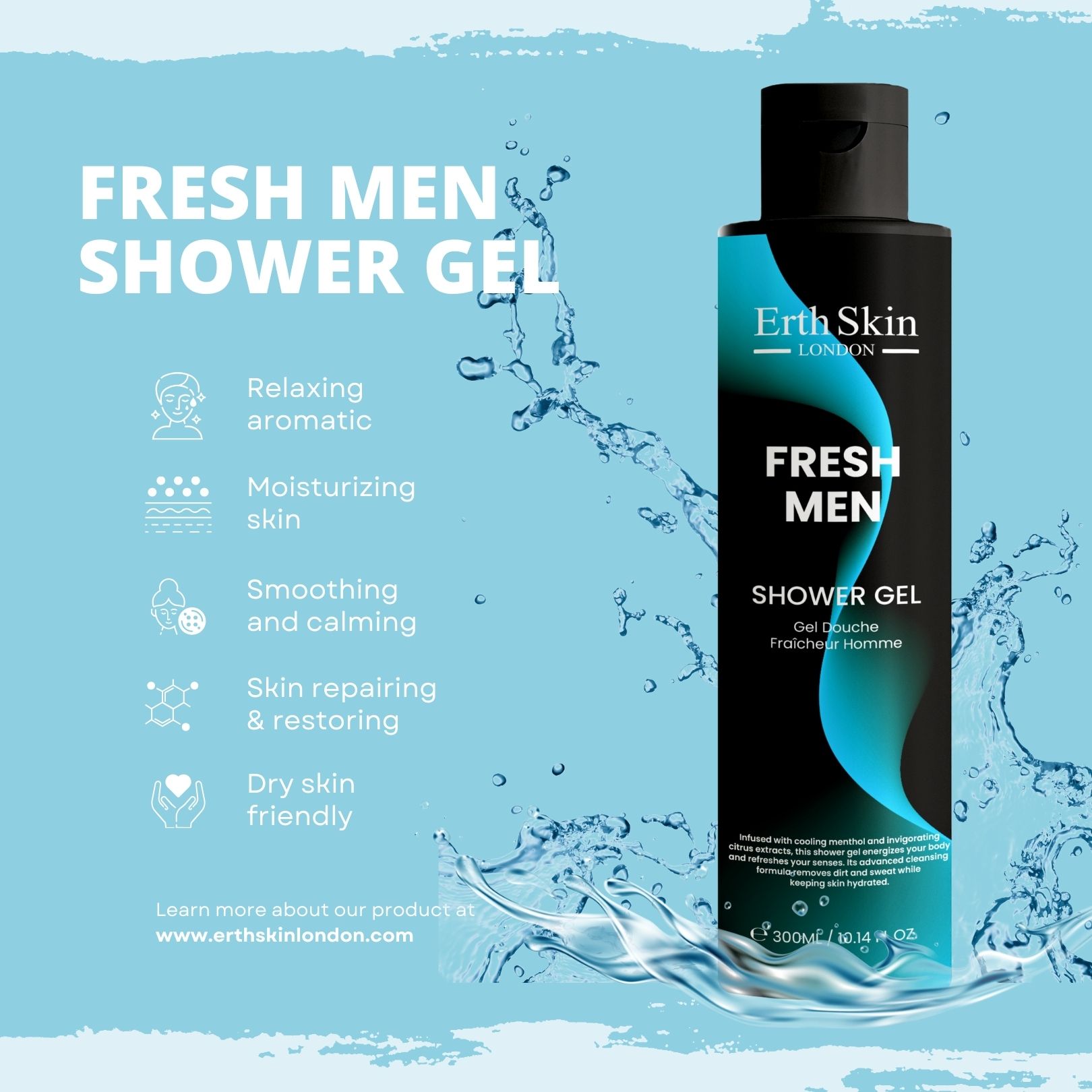 ErthSkin London Fresh Men Duschgel fles, blauw etiket, zwarte dop. Tekst: FRESH MEN, SHOWER GEL. Watereffect.