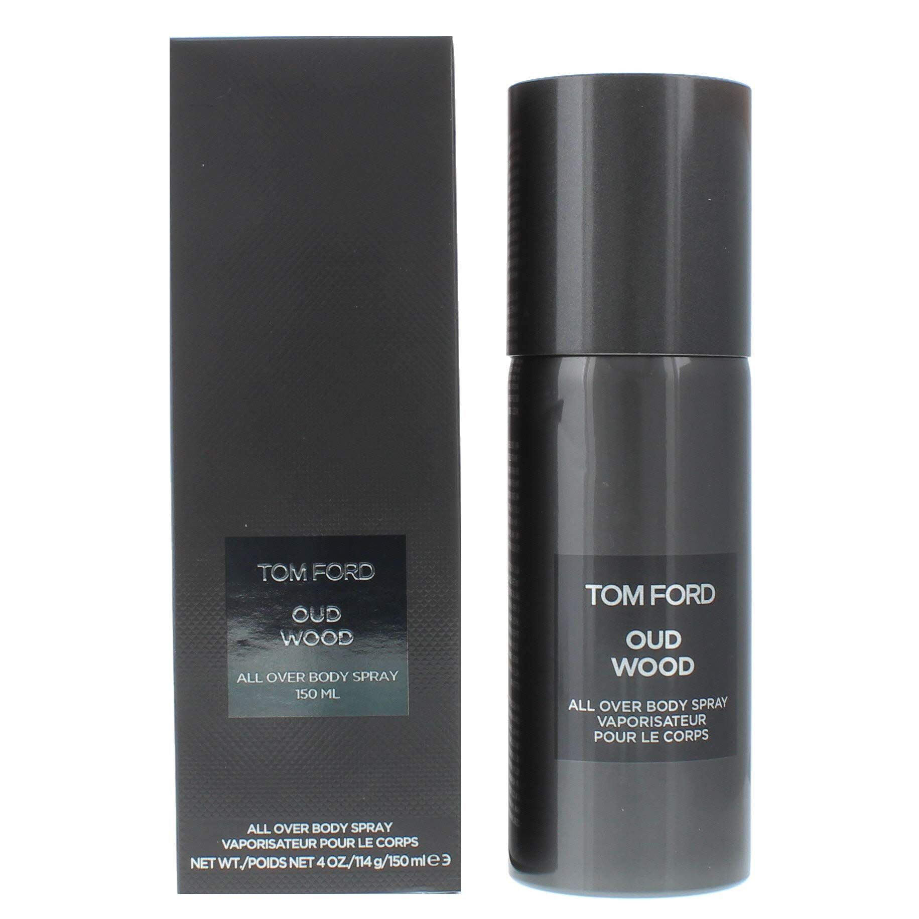 Donkergrijze spuitfles en doos. Opschrift: Tom Ford Oud Wood All Over Body Spray. 150 ml.