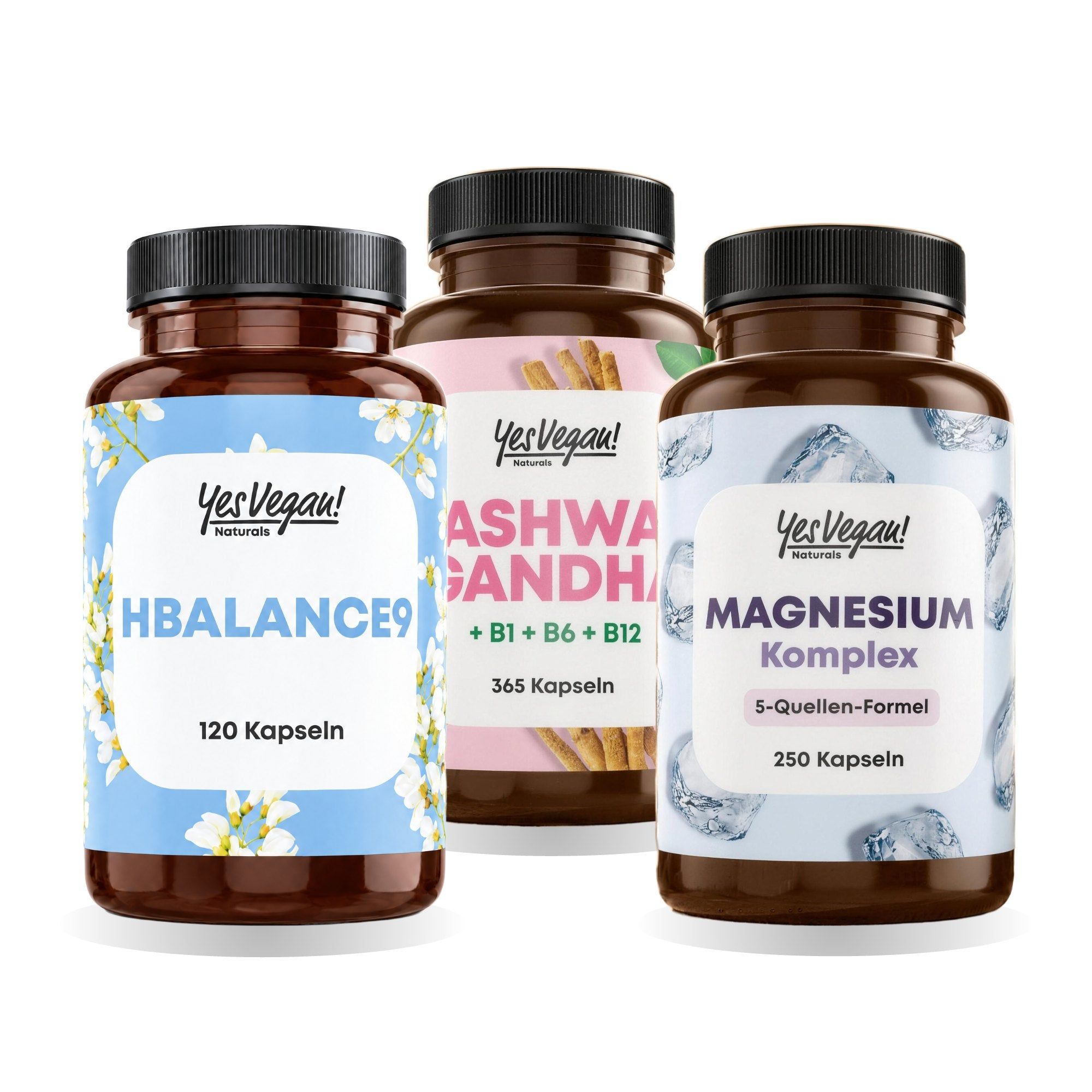 Bouteilles de Hbalance9 (120 gélules), Ashwagandha (365 gélules) et Complexe de Magnésium (250 gélules).