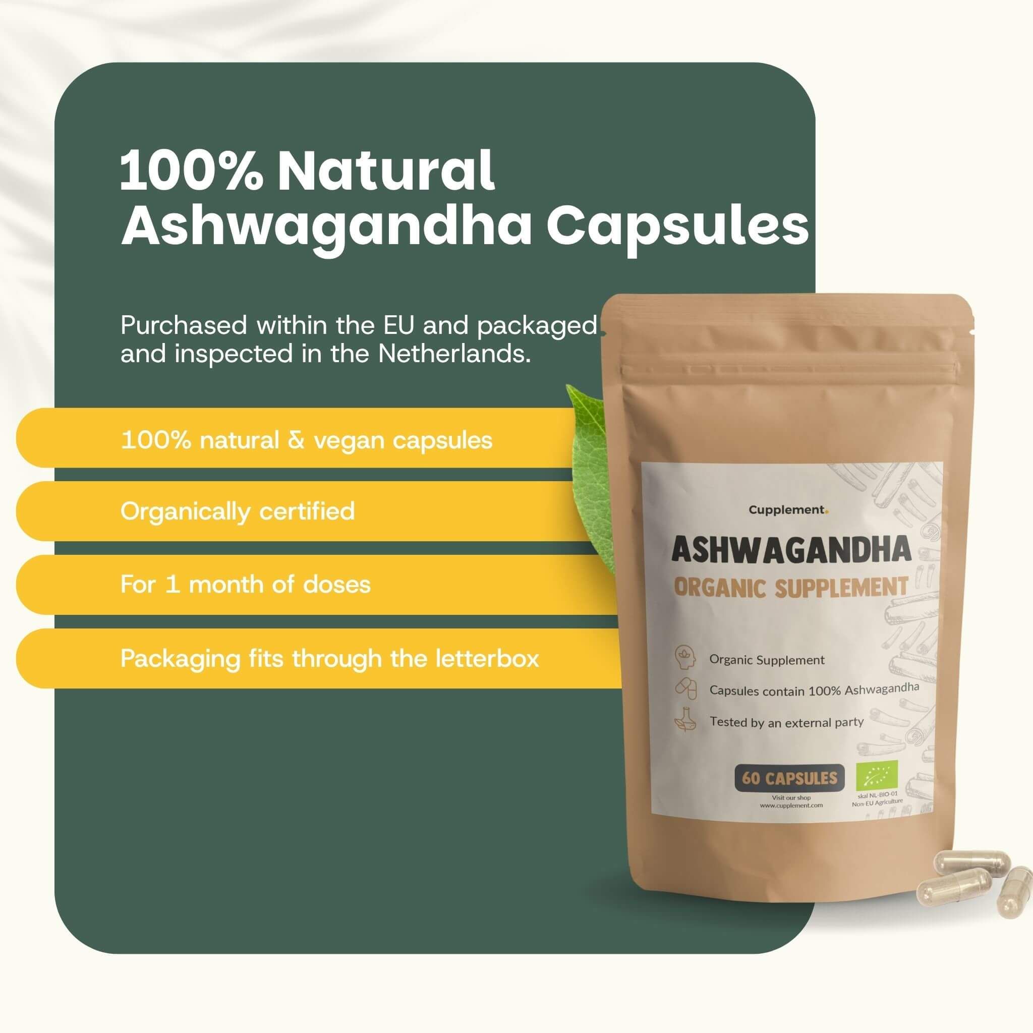 Sachet de gélules d'Ashwagandha. Texte : Ashwagandha Organic Supplement. 60 gélules. Marques jaunes avec texte.