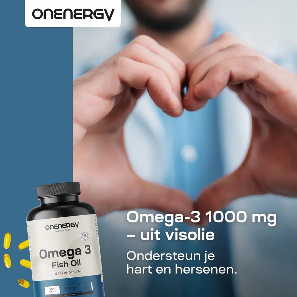 Man vormt hart met handen, fles Omega 3. Tekst: Omega-3 1000 mg - uit visolie.