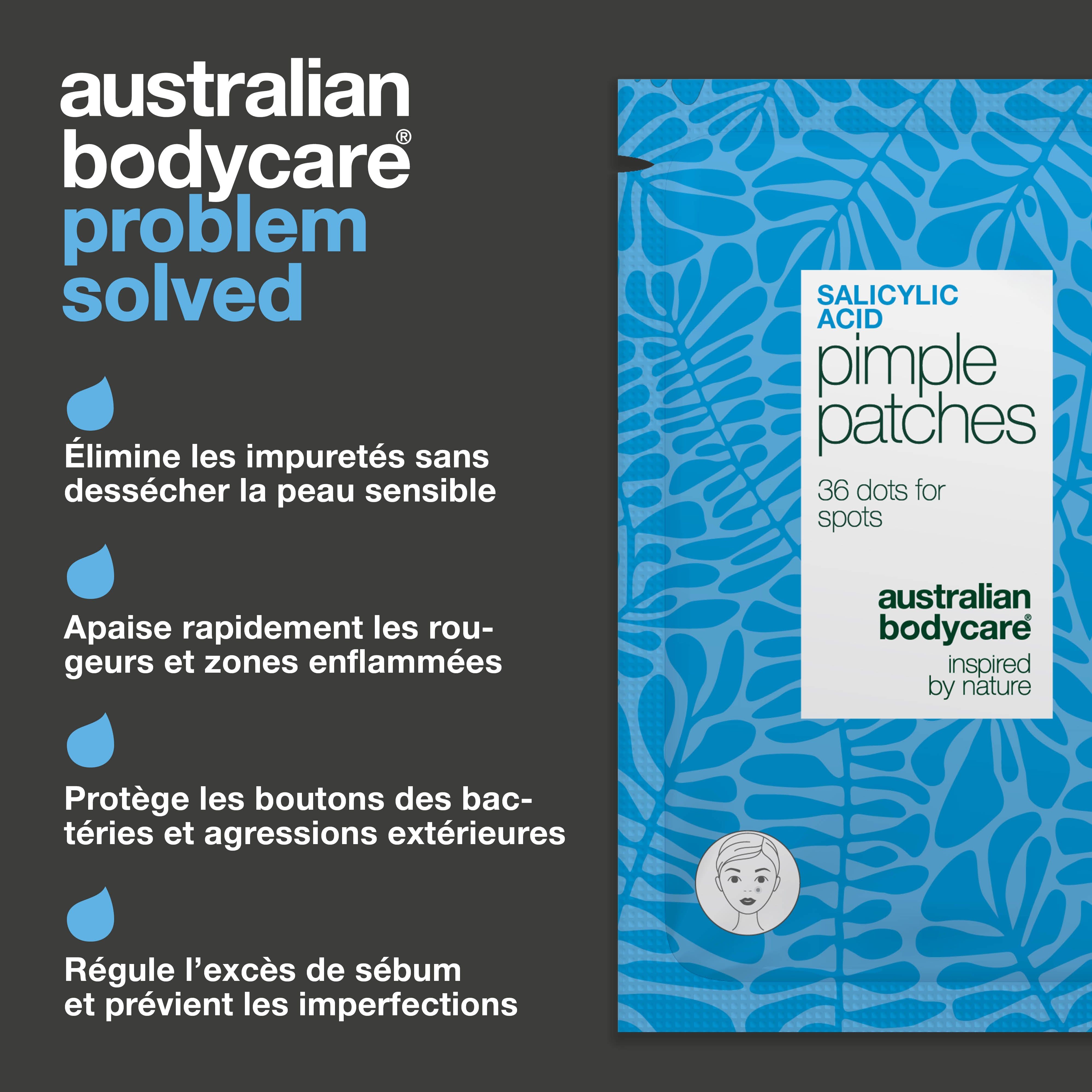Paquet de patchs anti-boutons bleu et blanc. Texte : Australian Bodycare, Problem solved. 36 dots for spots. Caractéristiques.