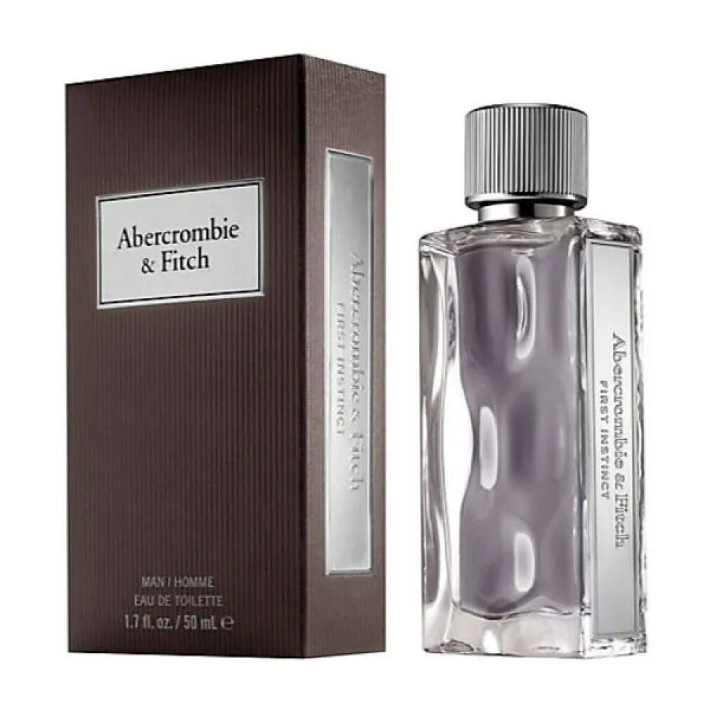 Fles en verpakking van Abercrombie & Fitch First Instinct. Rechthoekige fles met zilveren dop. Bruine verpakking met logo.