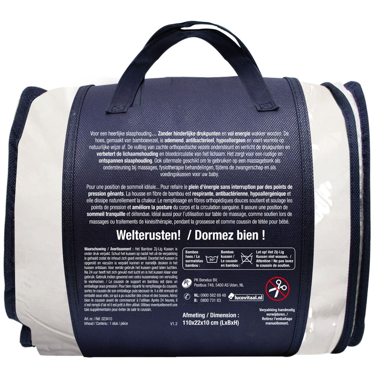 Achterkant van de verpakking van het bamboe zijligkussen. Tekst: Zij-Lig Kussen Bamboe, Lucovitaal. Afmetingen: 110x22x10 cm.