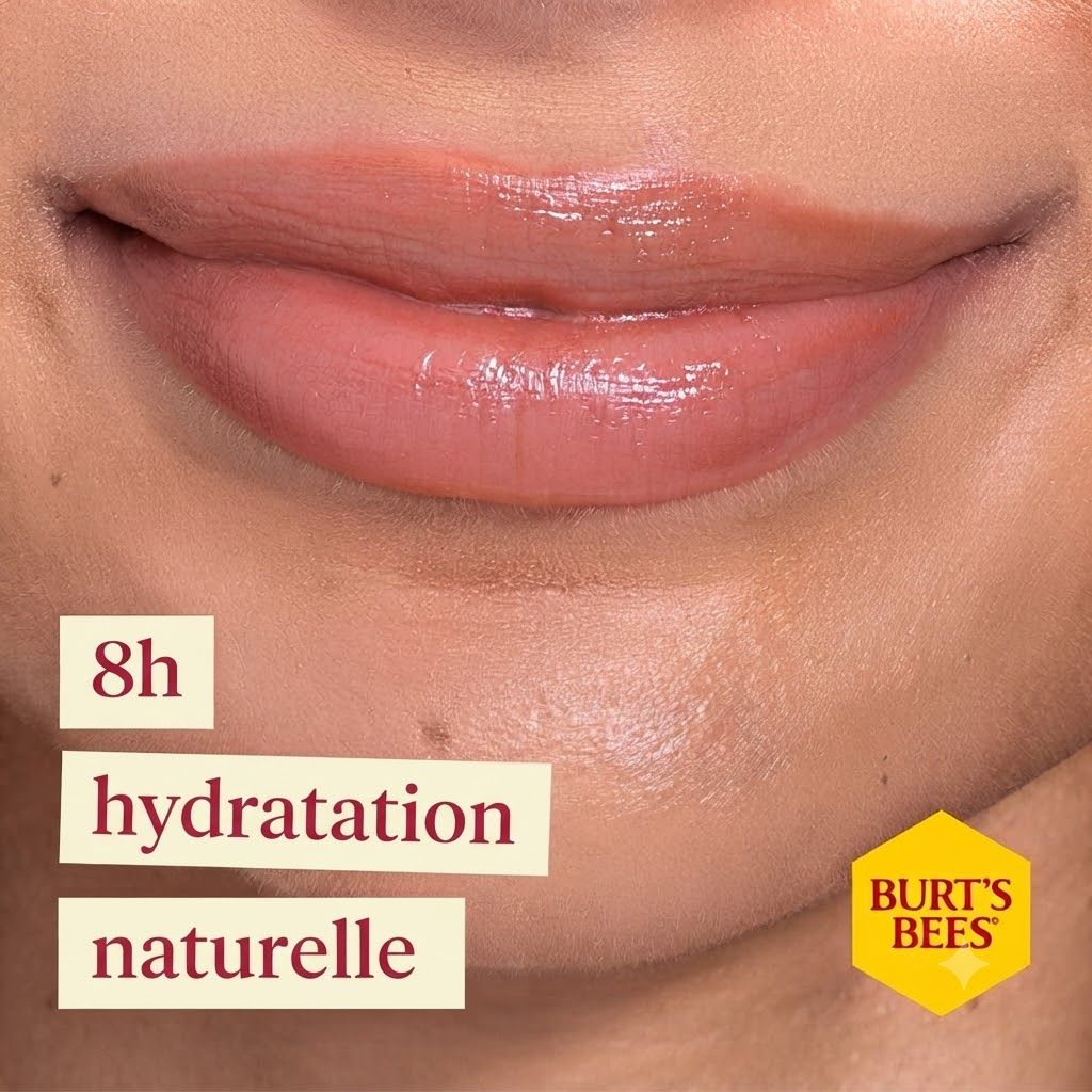 Lèvres avec texte '8h hydratation naturelle' et logo Burt's Bees.