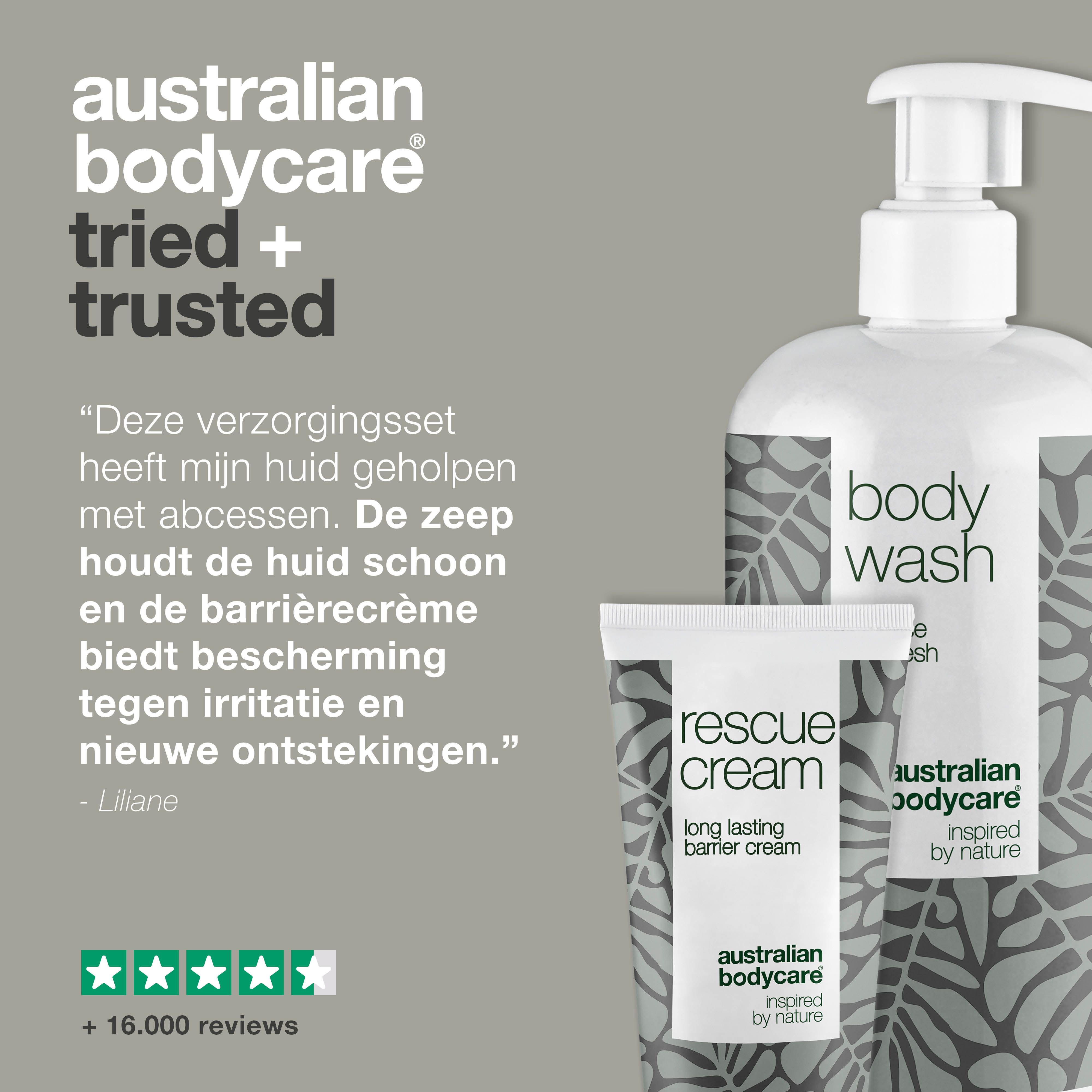 Body Wash, Rescue Cream en citaat. Tekst: Body Wash, Rescue Cream, Australian Bodycare.