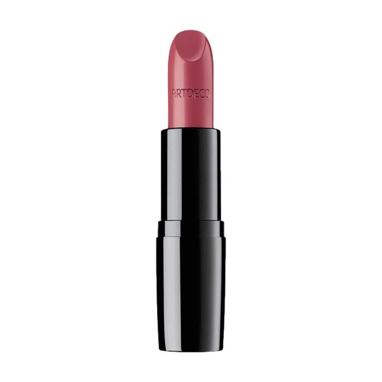 Un rouge à lèvres ARTDECO dans un boîtier noir brillant avec une pointe de rouge à lèvres rose.