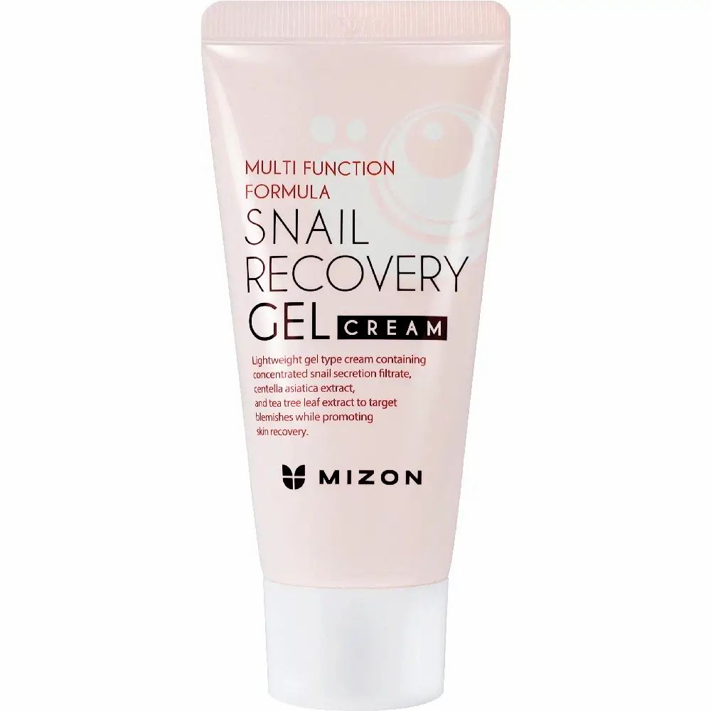 Tube rose avec bouchon blanc. Inscription: Snail Recovery Gel Cream, MIZON. Contient du filtrat de sécrétion d'escargot.