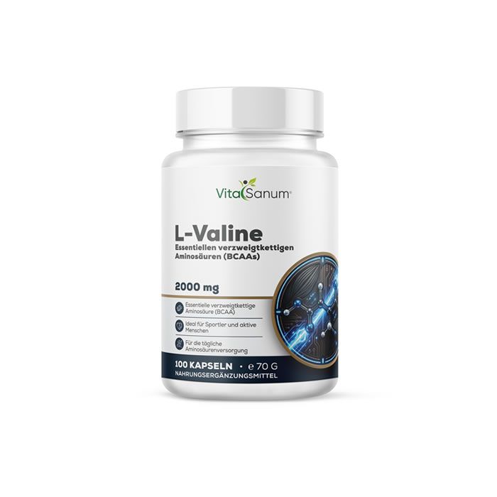 Gélules VitaSanum L-Valine : 100 gélules de 2000 mg de L-Valine par portion. Complément alimentaire.