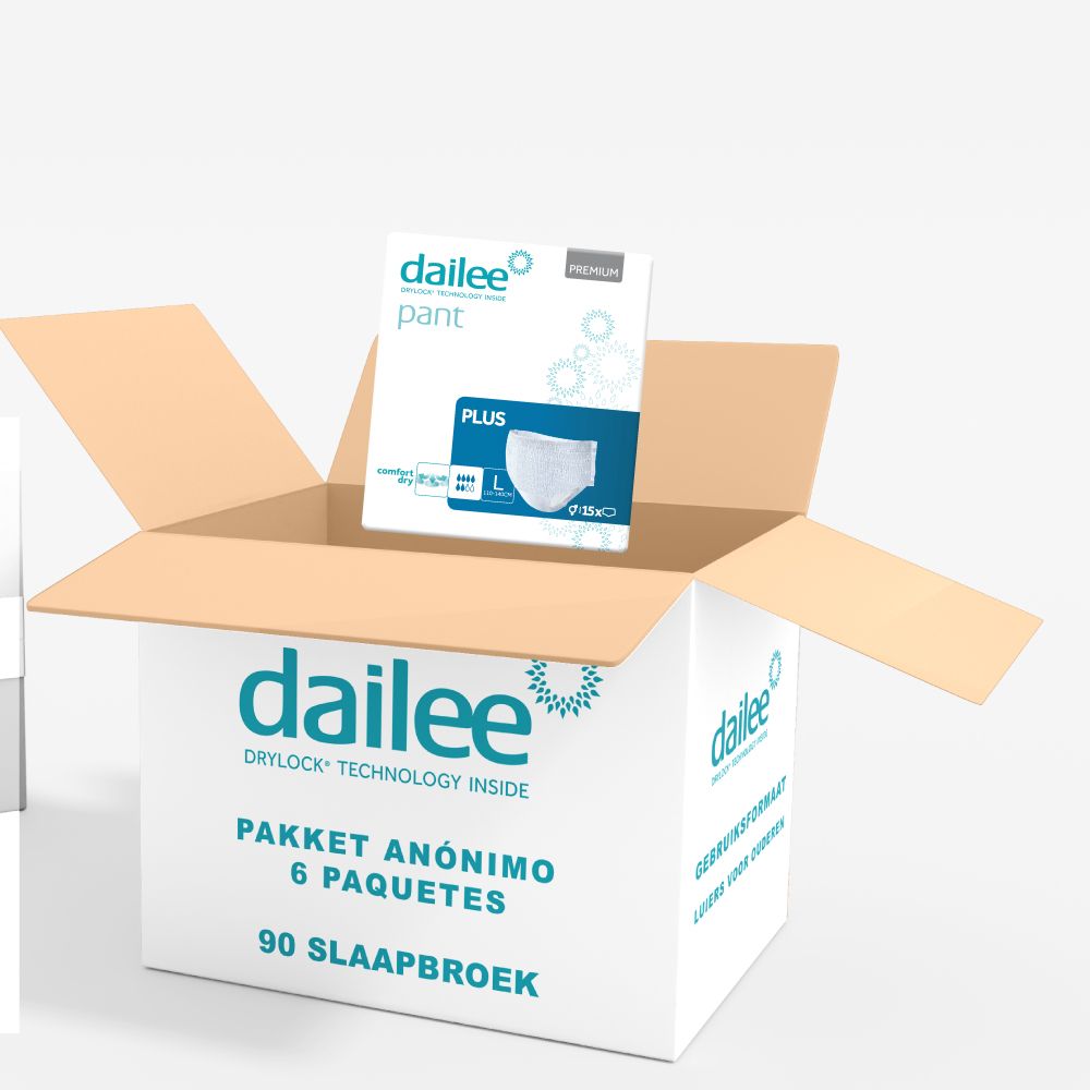 Open doos met Dailee Pants Plus-verpakkingen. 6 pakken per doos. 90 slaapbroek.