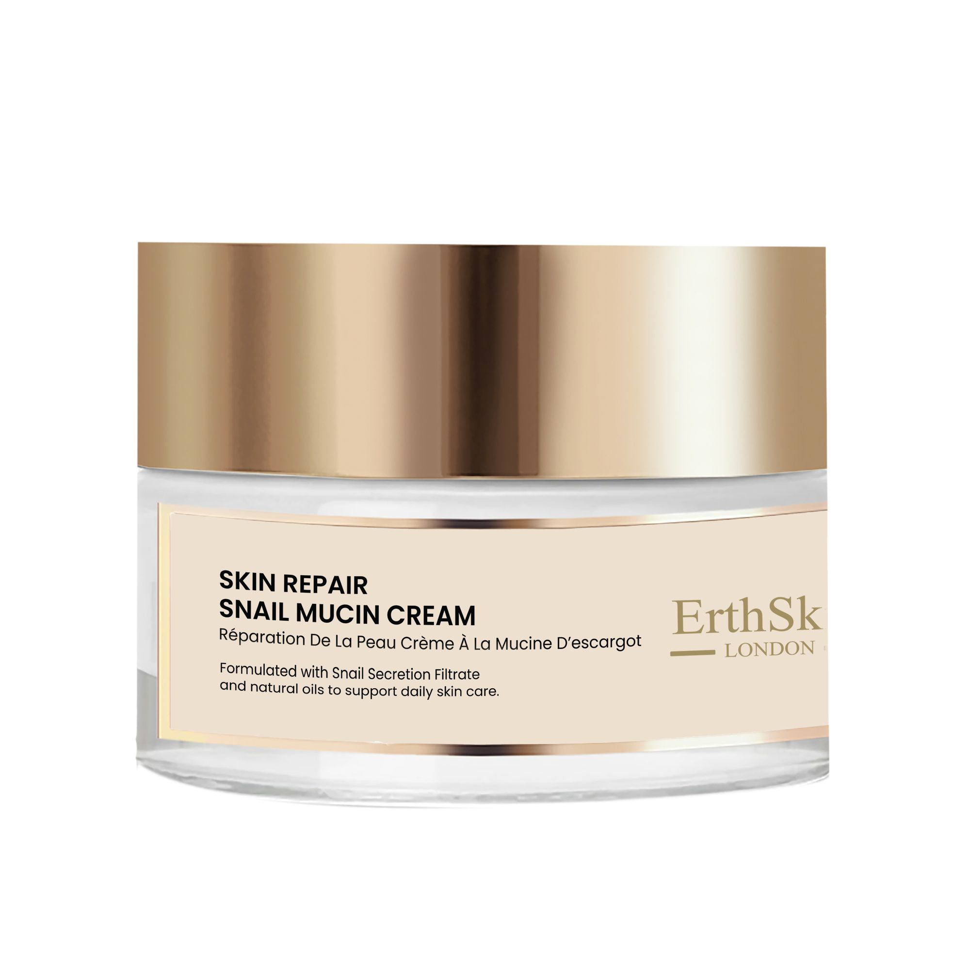 Glazen pot met gouden deksel. Opschrift: Skin Repair Snail Mucin Cream. Merk: ErthSkin London.