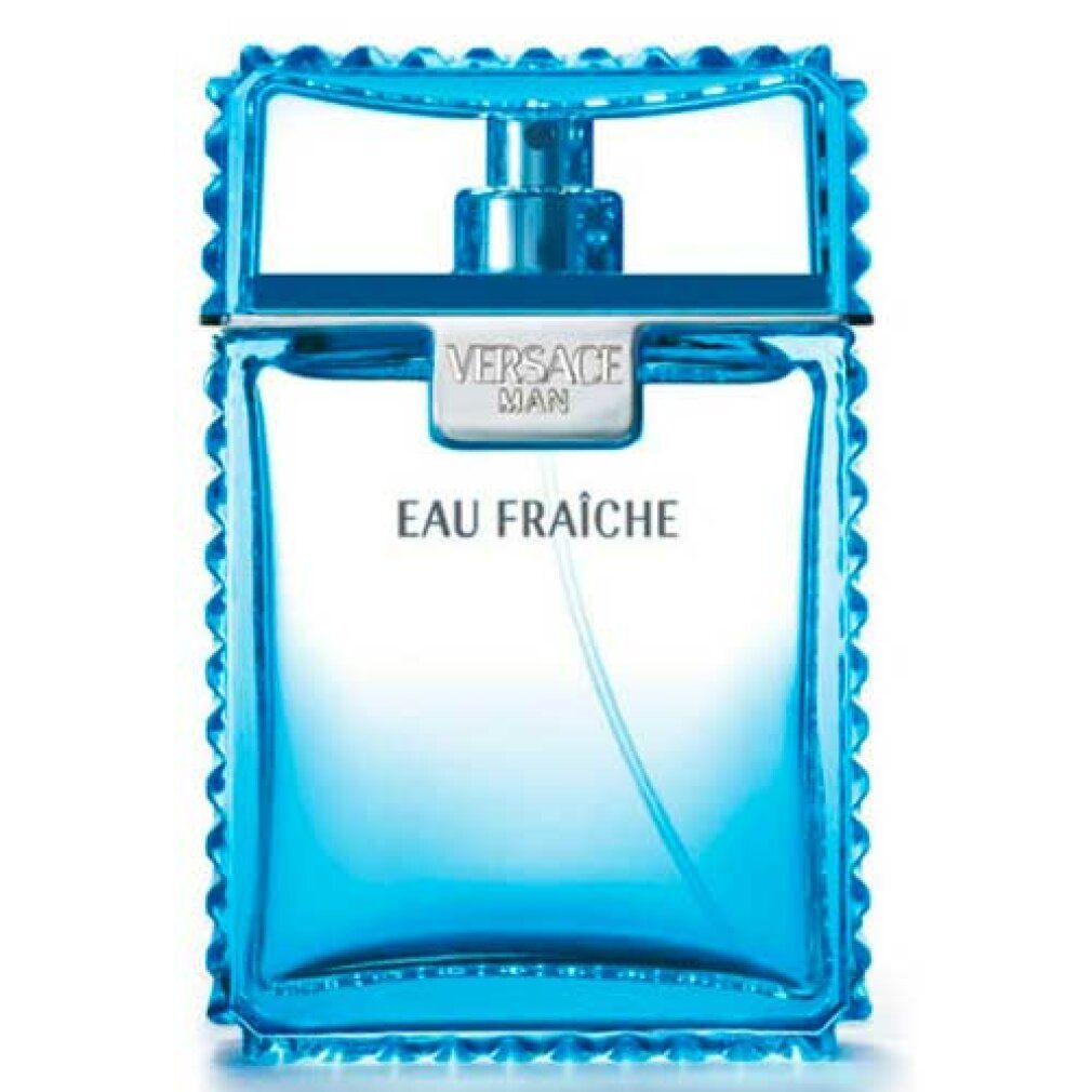 Flacon Versace Man Eau Fraiche Eau De Toilette Spray, bleu vif, avec vaporisateur argenté et design distinctif.