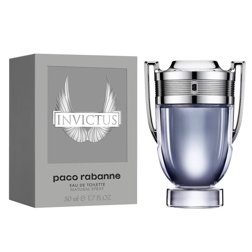 INVICTUS parfumfles met zilveren dop en grijze vloeistof, naast grijze verpakking met logo en tekst paco rabanne.