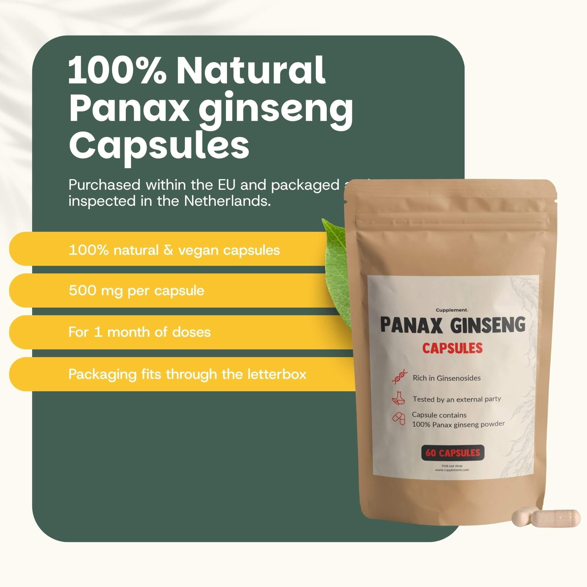 Sachet marron avec texte PANAX GINSENG CAPSULES. Contient 60 gélules. Texte: 100% gélules naturelles et végétaliennes.