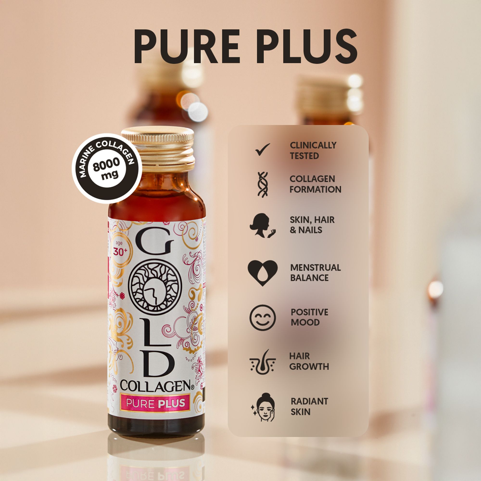 Flesje Gold Collagen Pure Plus met aanduidingen over ingrediënten, GGO-vrij.