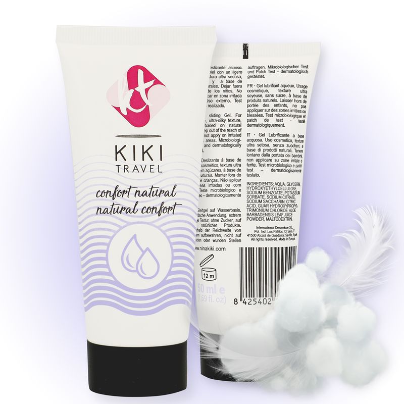 Tube de gel lubrifiant Kiki Travel, dos avec ingrédients et code-barres. Avec plumes et boules de coton.