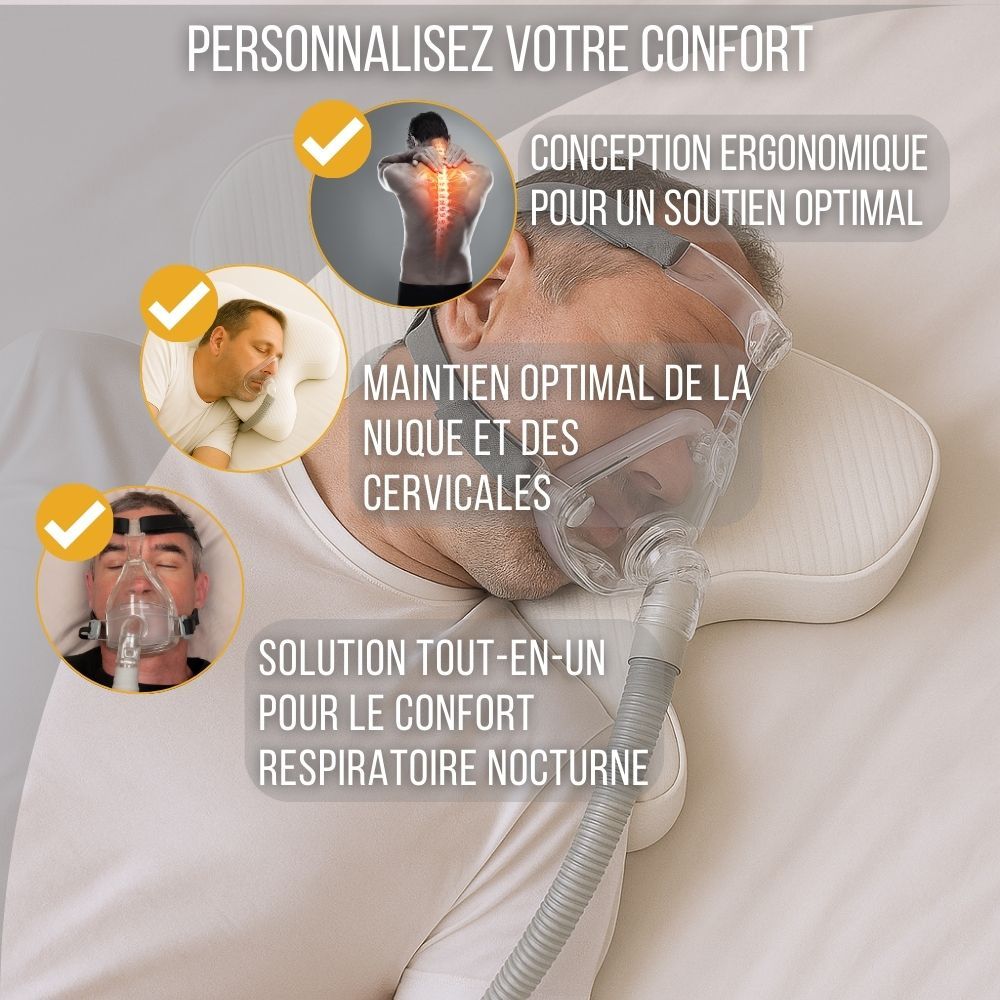 Homme avec masque CPAP sur oreiller. Conception ergonomique, soutien optimal nuque et cervicales.