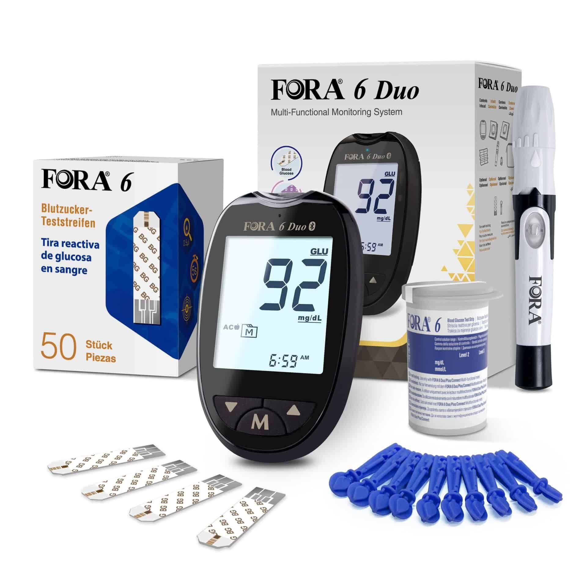 Set voor bloedglucosemeting. Bevat meter, teststrips, lancetten en een flesje. Weergave: 92 mg/dl.