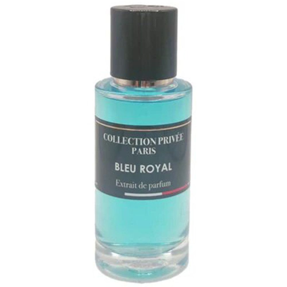 Flacon d'extrait de parfum, rempli de bleu, bouchon noir. Inscription : nom du produit et marque.