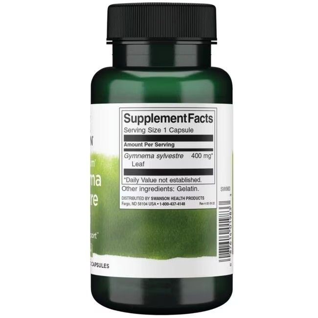 Arrière d'une bouteille Swanson Gymnema Sylvestre, avec informations nutritionnelles et 400 mg par gélule.