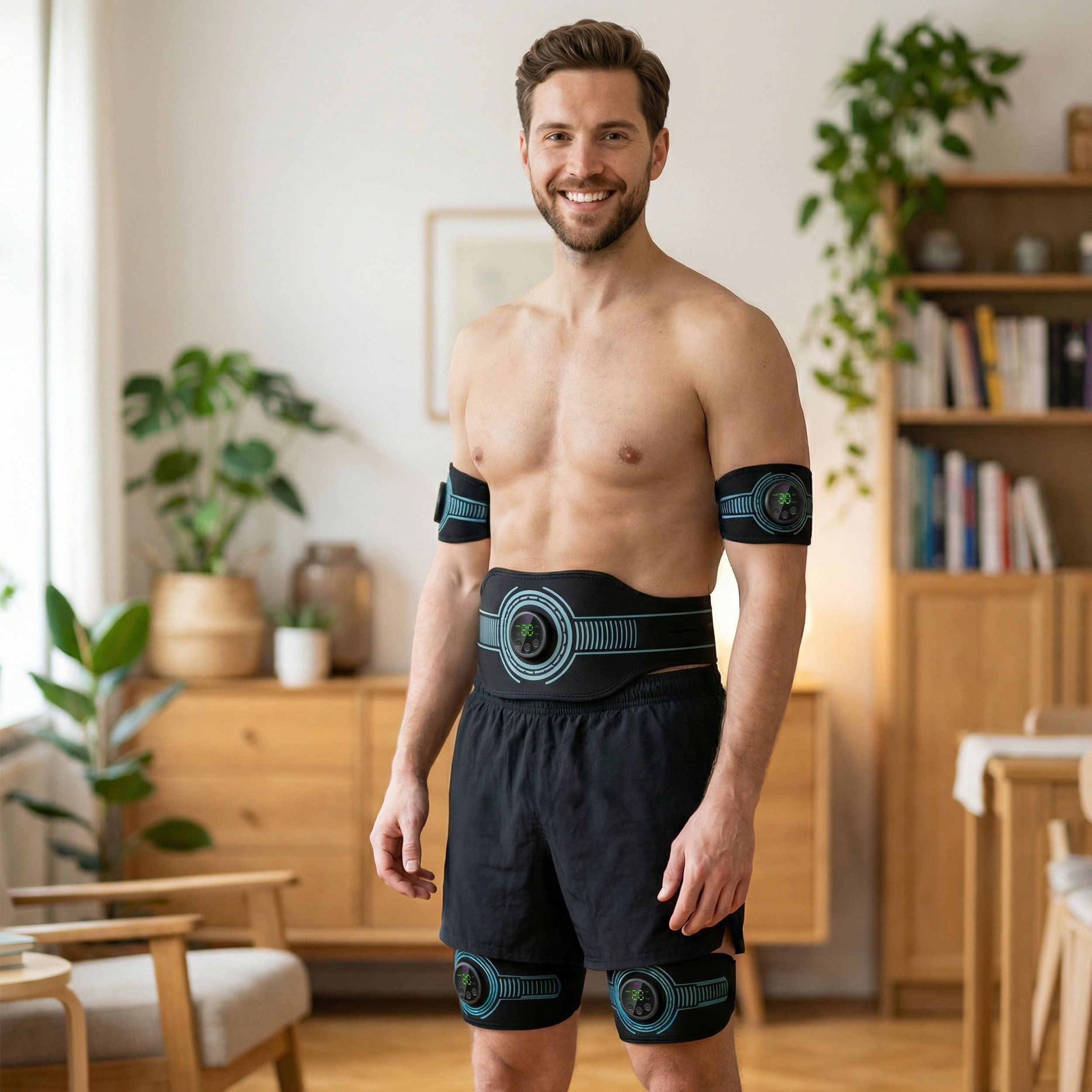 Homme avec appareils EMS sur les bras, le ventre et les jambes. Short noir. En intérieur.