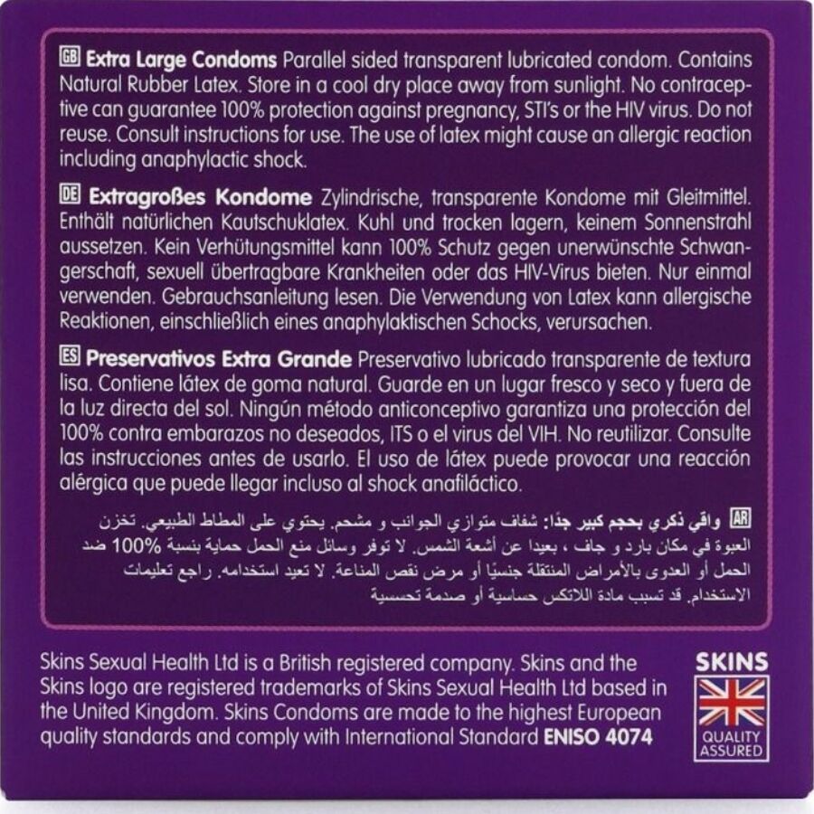 Dos de l'emballage de préservatifs Skins Extra Large. Texte multilingue. Avec labels de qualité et nom de marque.