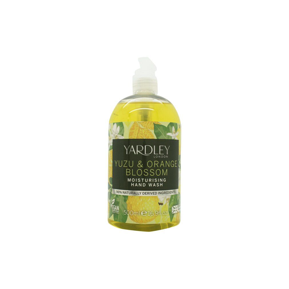 Savon liquide avec étiquette. Inscription: Yuzu & Orange Blossom. Avec distributeur. Liquide jaune visible. Vegan.
