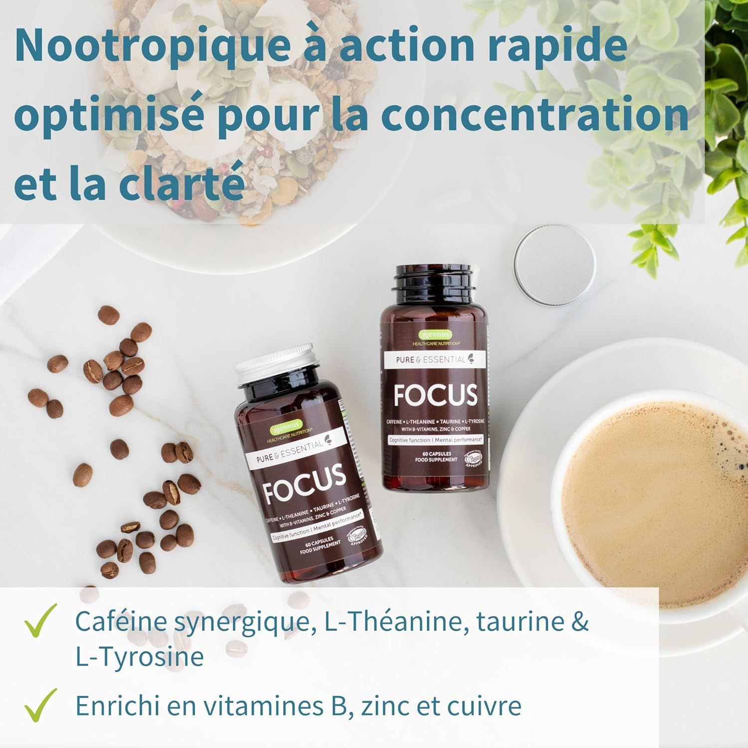 Deux bouteilles Igennus Focus avec café et muesli.