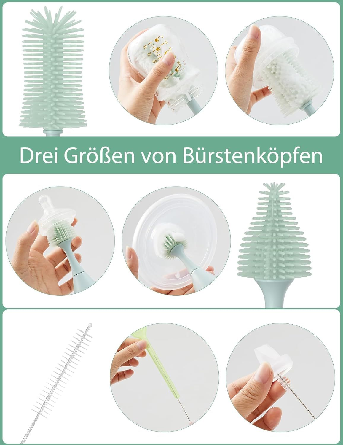 Trois têtes de brosse pour brosse à biberon Momcozy et trois petites brosses de nettoyage.