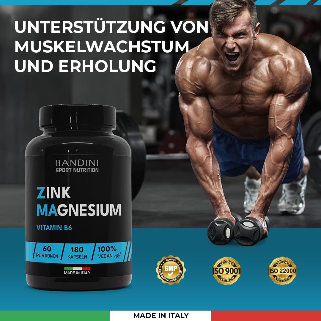 Zwarte fles met capsules. Opschrift: Zink Magnesium, Vitamine B6. 60 porties, 180 capsules, 100% vegan. GMP, ISO 9001, ISO 22000.