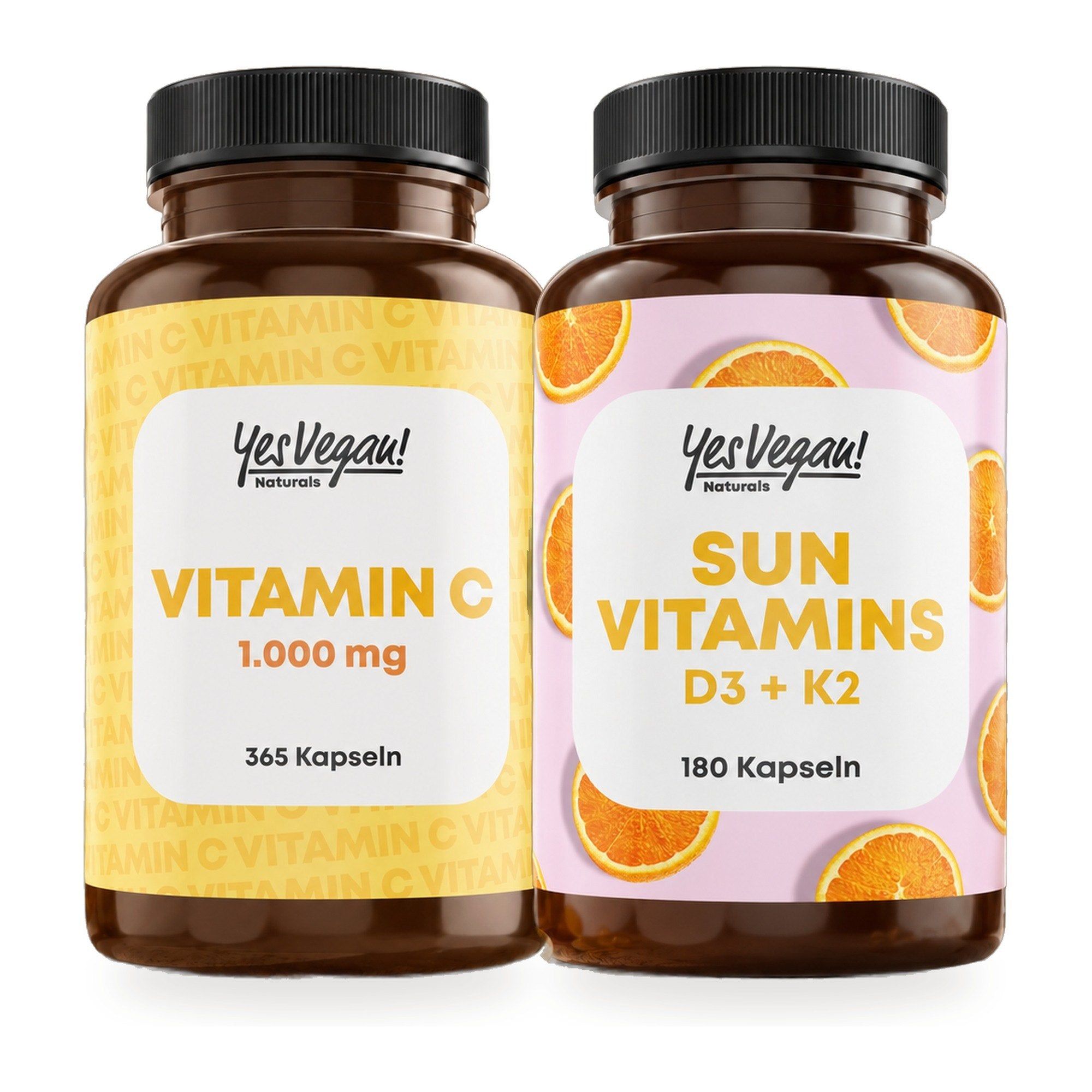 Twee flessen: Vitamine C 1.000 mg (365 capsules) en Sun Vitamins D3 + K2 (180 capsules).