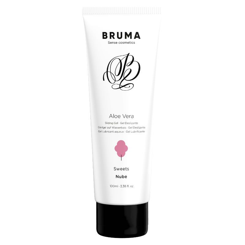 Tube blanc, bouchon noir. Inscription: Bruma, Aloe Vera, barbe à papa. Produit au premier plan.