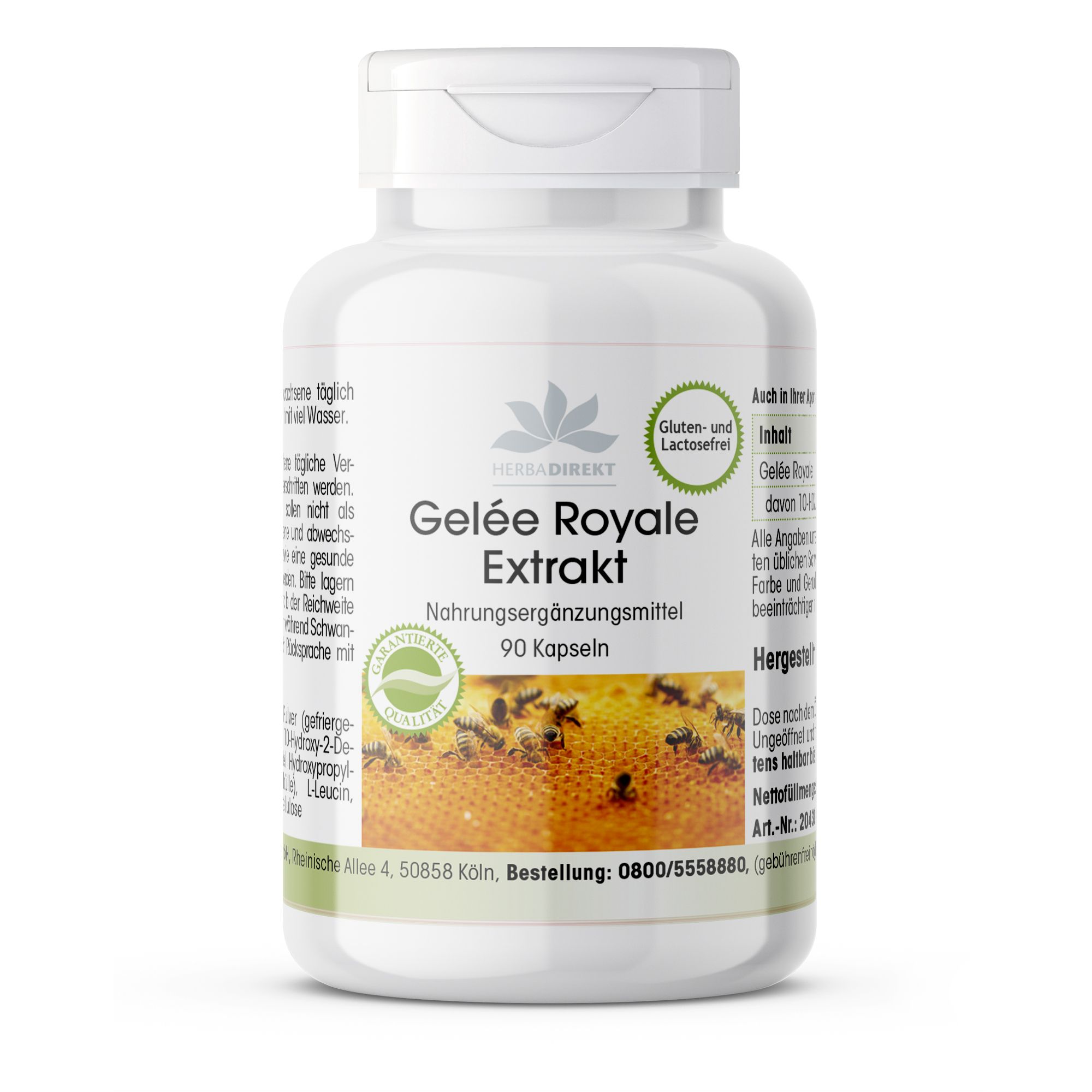 Witte fles met capsules. Opschrift: Gelée Royale Extrakt, 90 capsules. Gluten- en lactosevrij. Logo: honingraat.