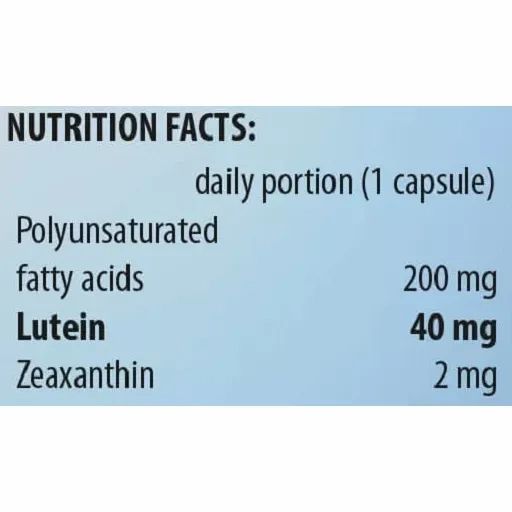Tableau nutritionnel. Portion quotidienne (1 gélule): 40 mg lutéine, 2 mg zéaxanthine, 200 mg acides gras polyinsaturés.