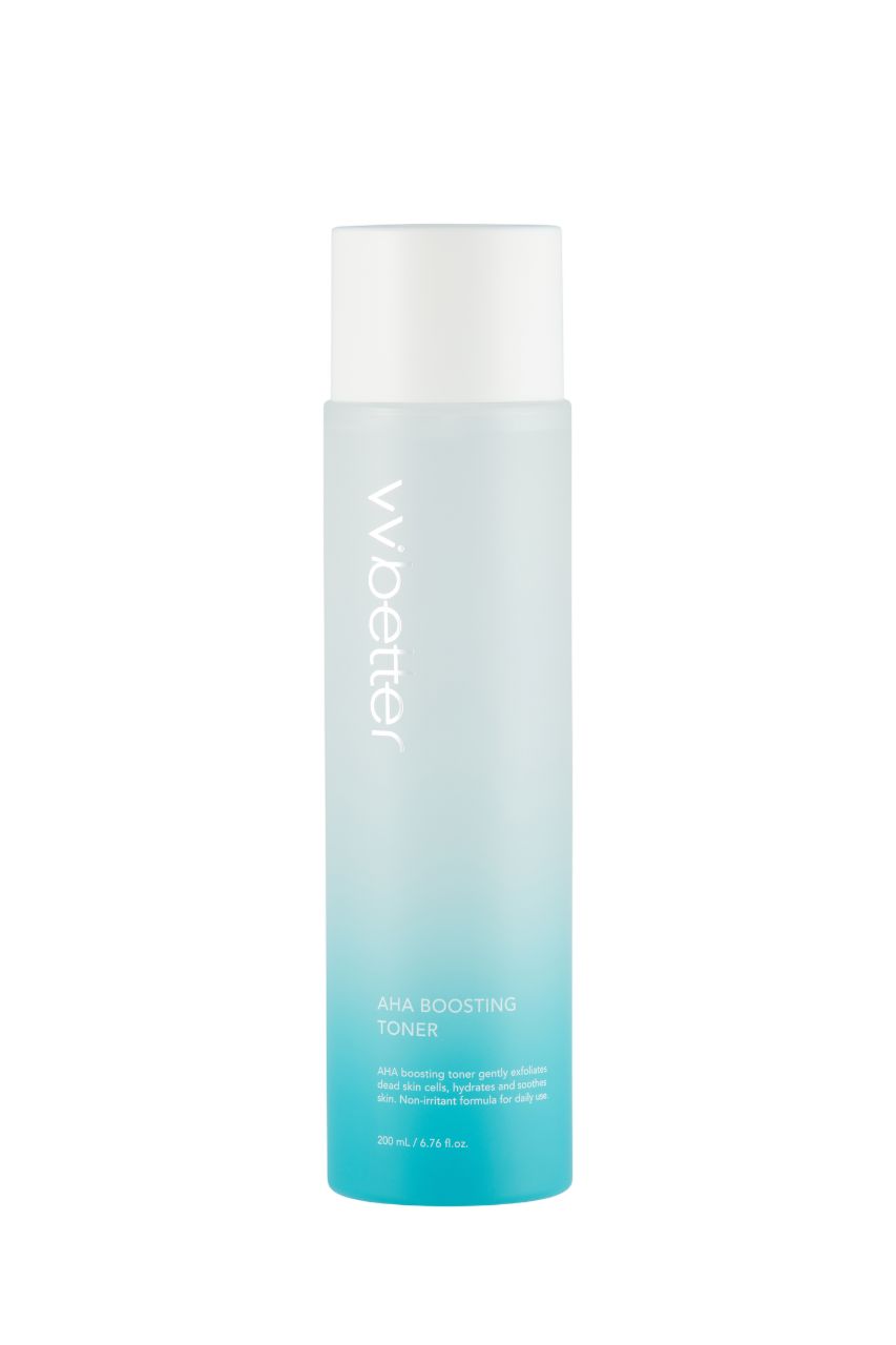 Cilindrische fles met witte dop. Opschrift "vvbetter" en "AHA Boosting Toner". Kleurverloop van blauw naar wit.