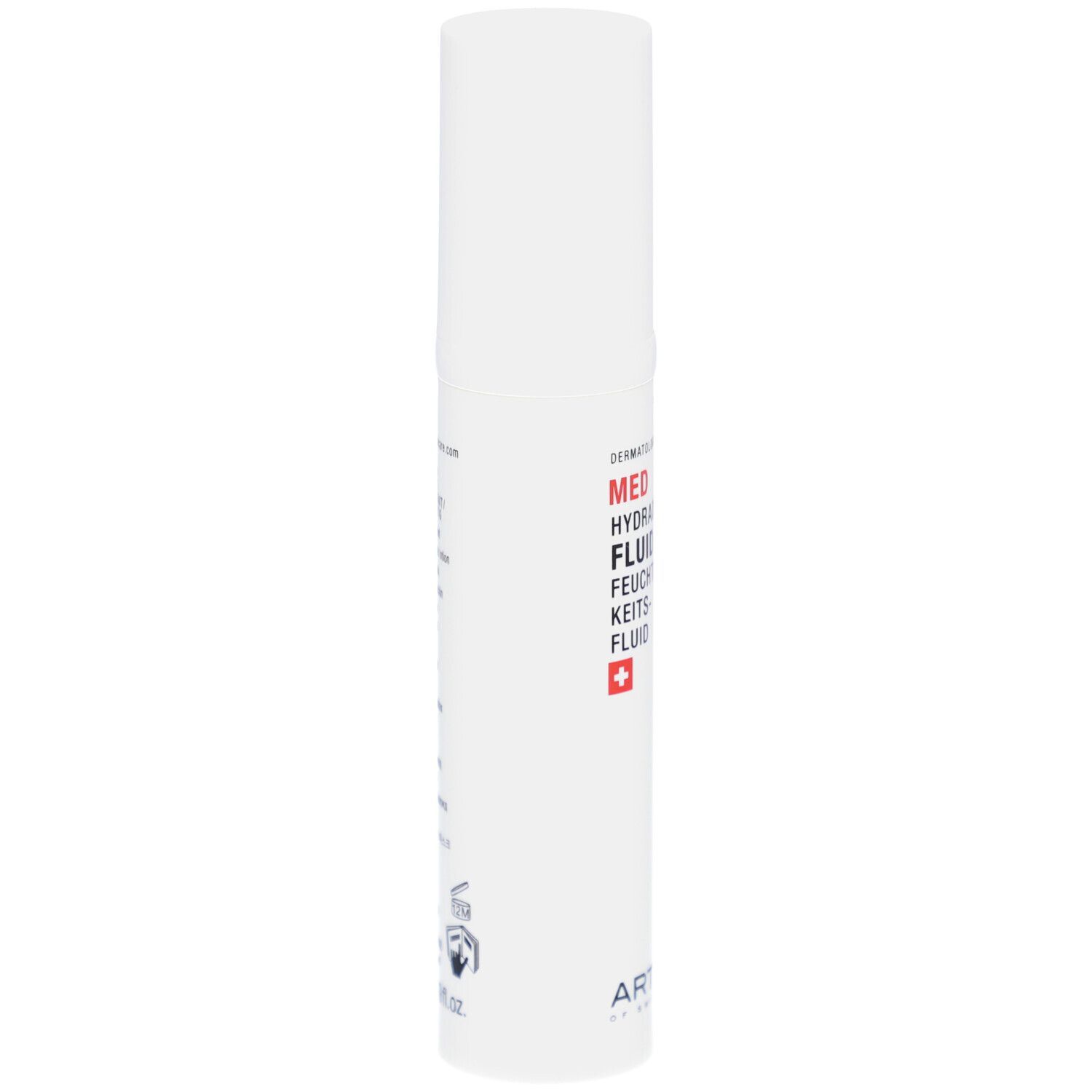 Flacon blanc avec texte. MED Hydraderm Fluid. Croix suisse. Logo Artemis. Vue latérale.