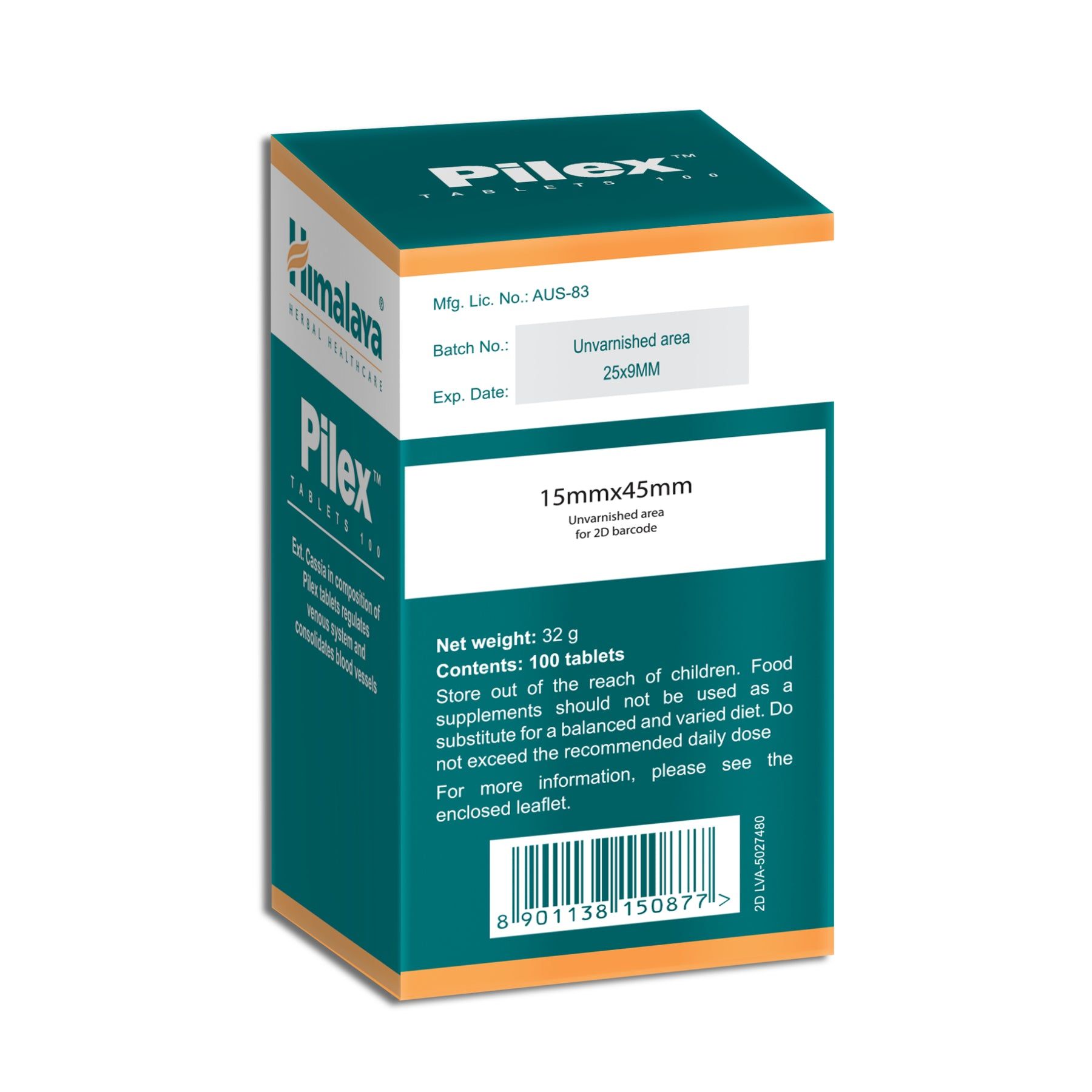 Emballage de 100 comprimés Himalaya Pilex. Contient le numéro de lot, la date d'expiration et le poids net.