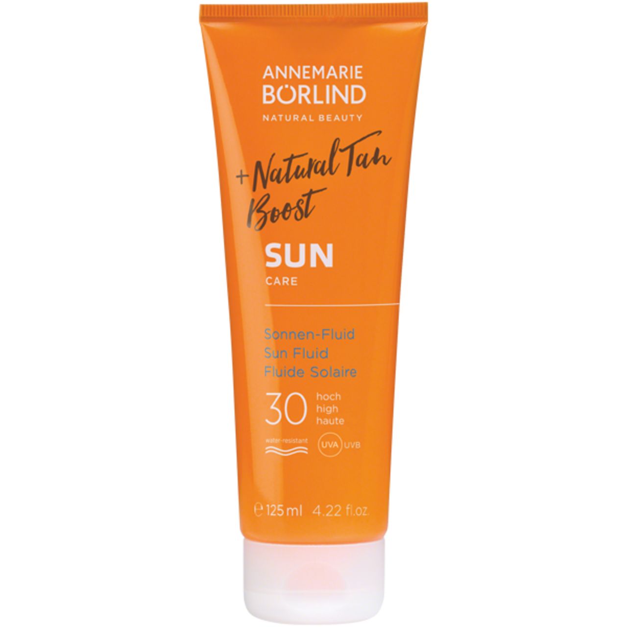 Tube orange avec nom du produit et SPF 30. Texte: Natural Tan Boost, Sun Care, Fluiide Solaire, 125 ml.