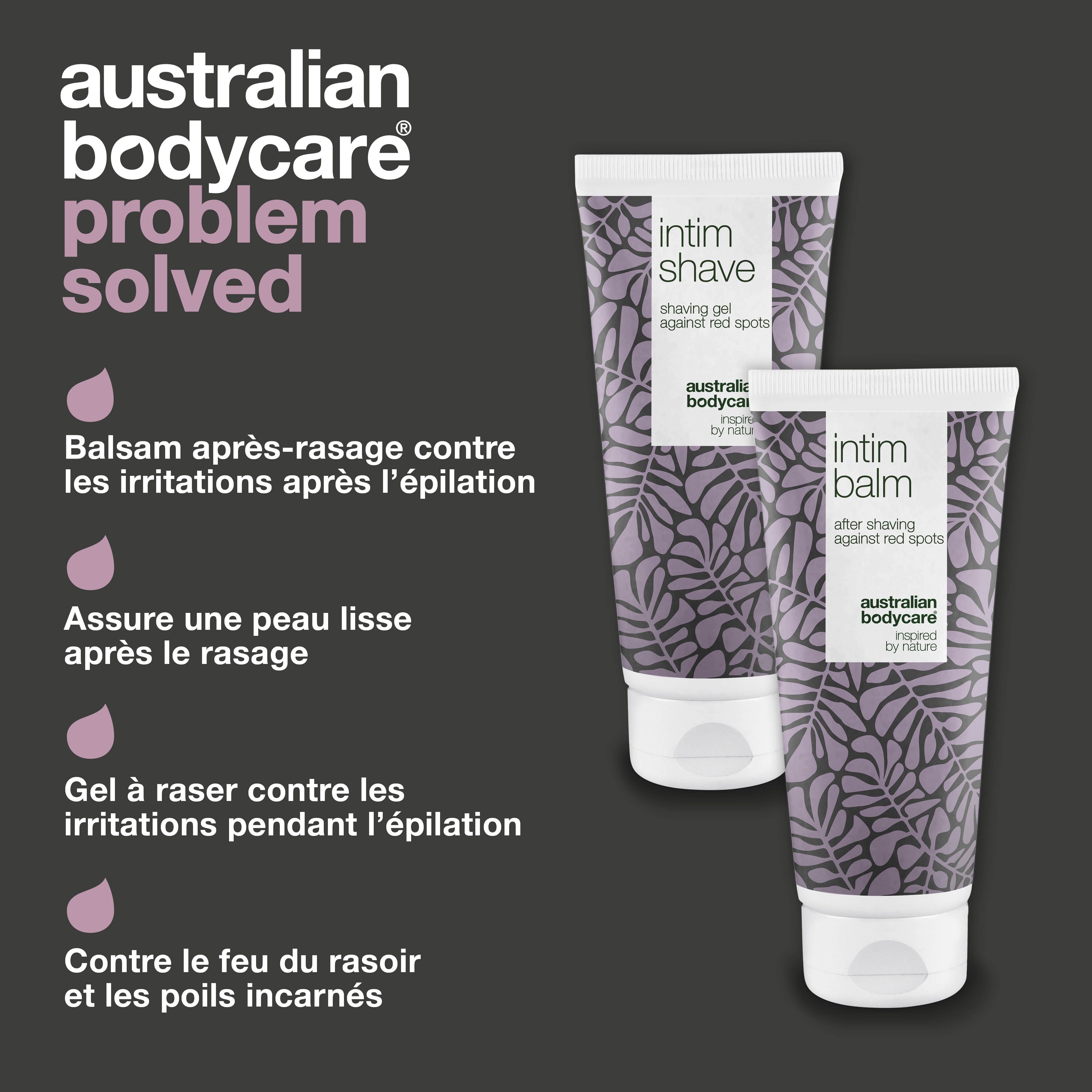 Problème résolu. Gel Intim-Shave et baume intime. Marque : Australian Bodycare.