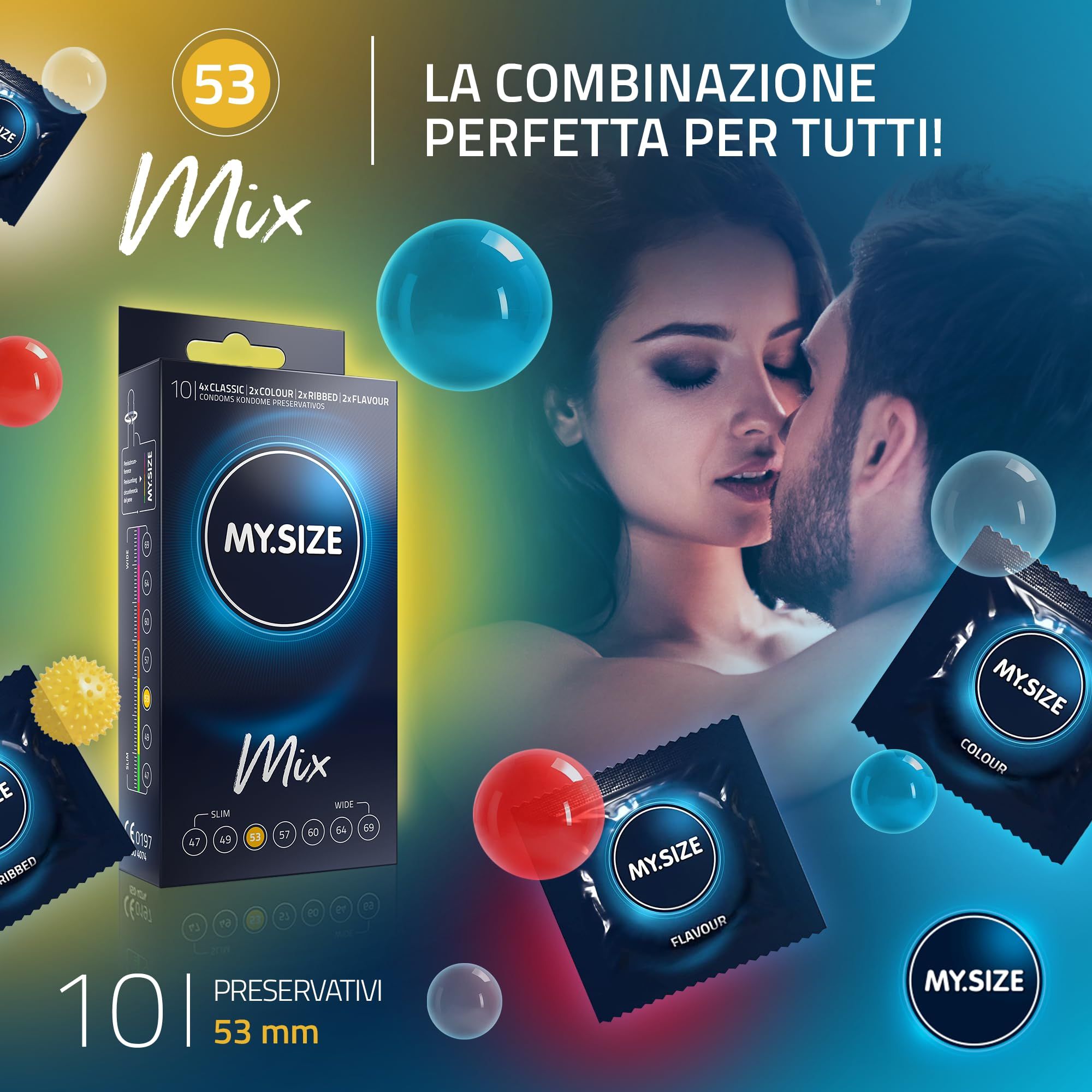 Préservatifs MY.SIZE Mix: 10 unités, taille 53mm. 4 gammes: Classic, Colour, Flavour, Ribbed.