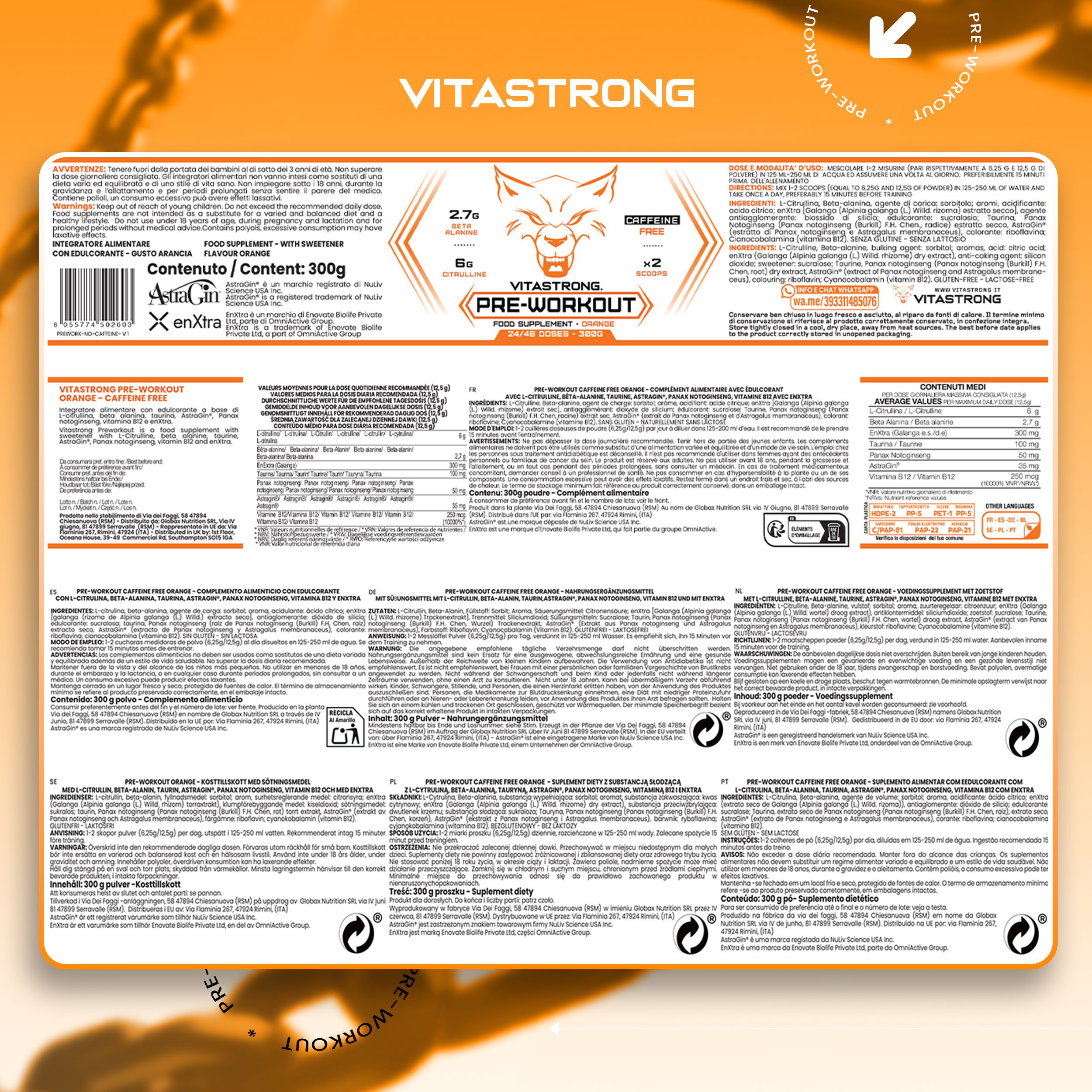 Verpakking Vitastrong Pre-Workout. Tekst: Food Supplement, 300g. Bevat 2,7g Beta Alanine, 6g Citrulline. Meertalige informatie.