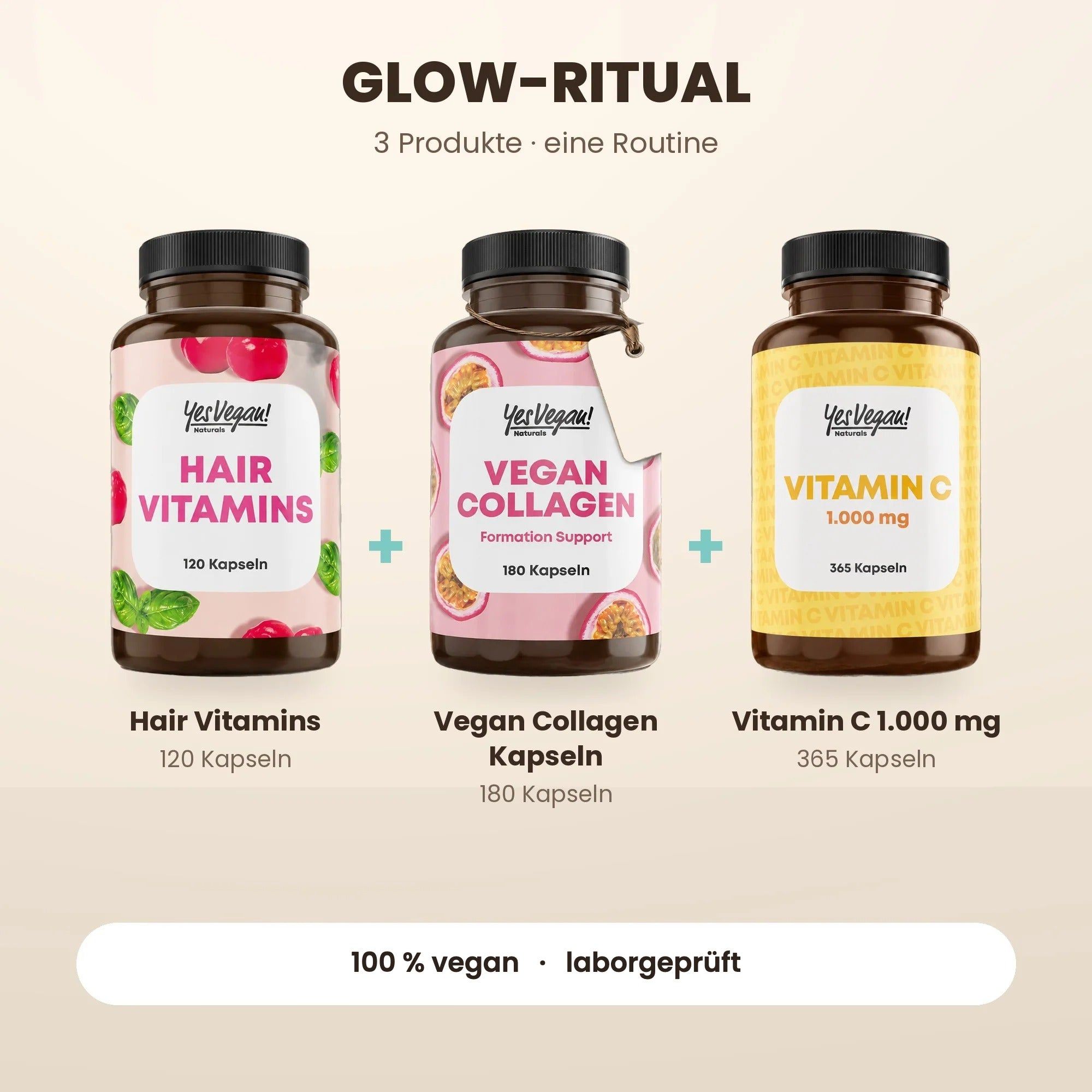 Drie flessen Yes Vegan: Hair Vitamins (120), Vegan Collagen (180), Vitamine C (365).