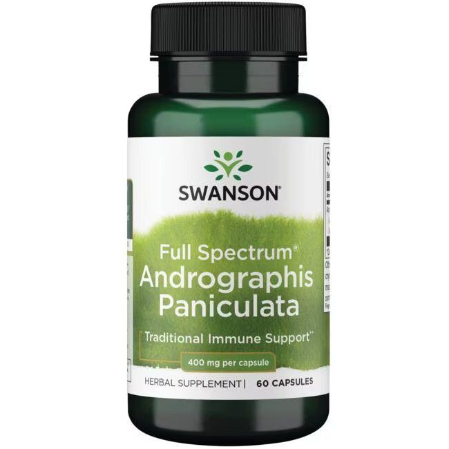 Gélule verte avec étiquette blanche : SWANSON Andrographis Paniculata, 400 mg, 60 gélules.