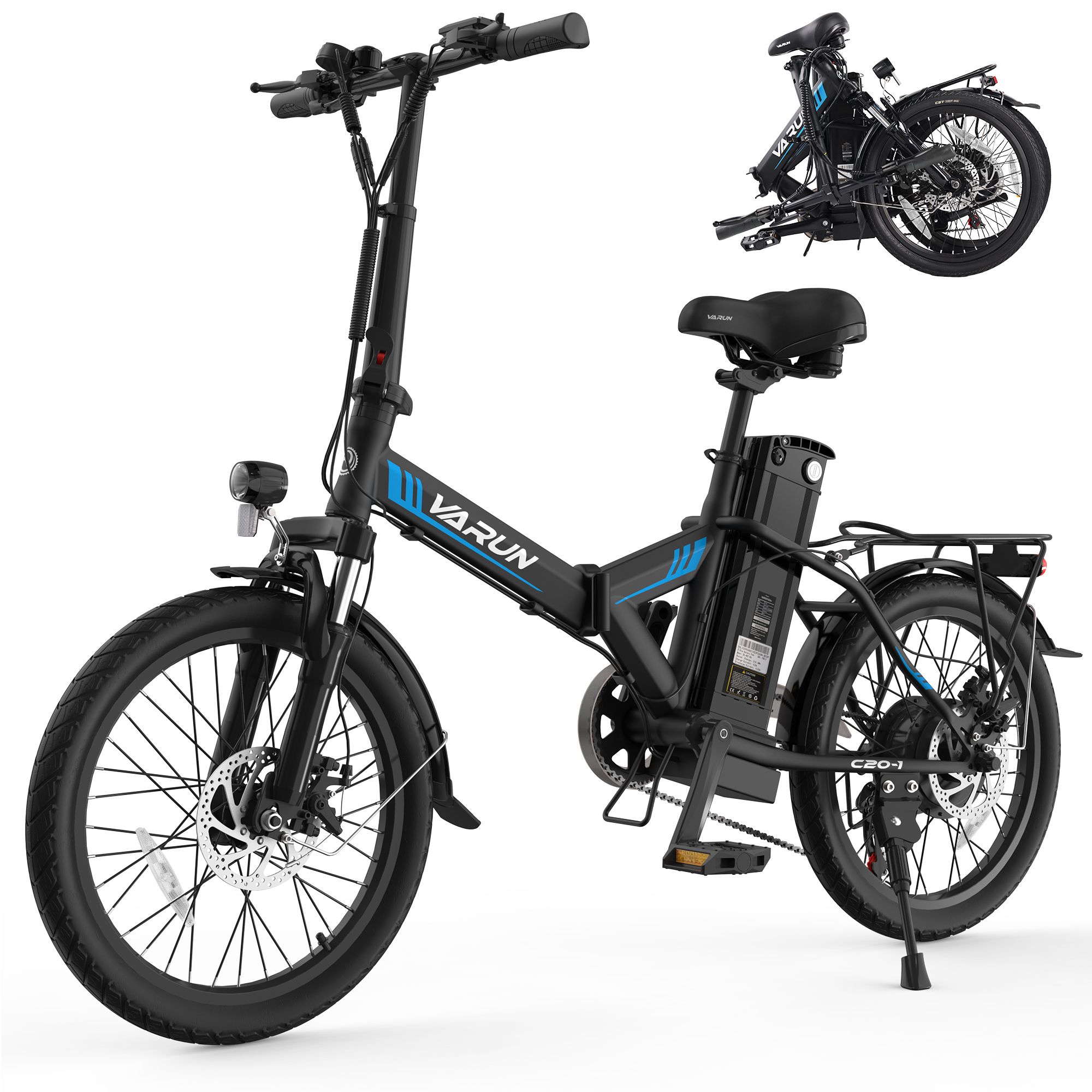 Opvouwbare e-bike, zwart met blauwe accenten. VARUN-logo zichtbaar. Details: bagagerek, koplamp, C20-1.